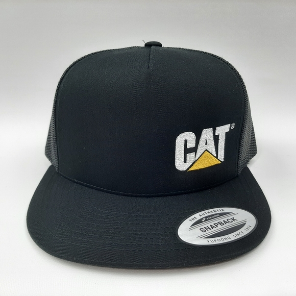 Caterpillar Cat Flat Bill Trucker Mesh Snapback Cap Hat Black Embroidered - Picture 2 of 4